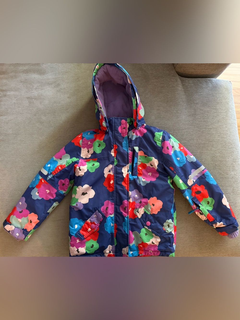 Mini Boden Navy Floral Hooded Puffer Jacket with Multi-Color Flowers
